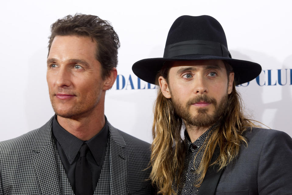 Matthew McConaughey and Jared Leto (right) attending the premiere of Dallas Buyers Club, at the Washington hotel in Mayfair, London.