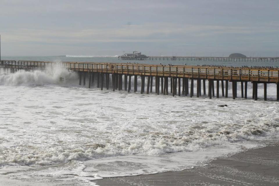 High surf pounds the Avila Beach Pier on Thursday, Dec. 28 2023.