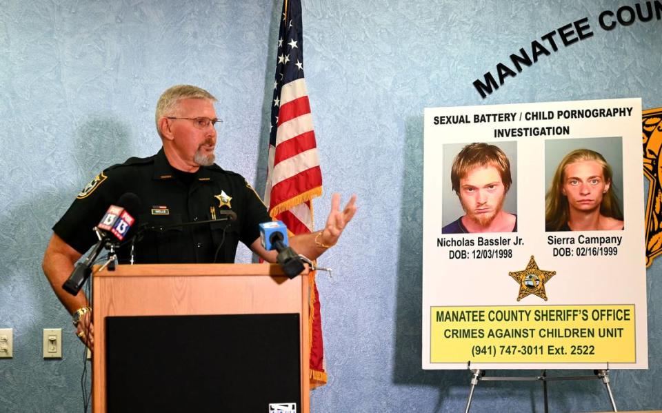 Sheriff Rick Wells answered reporters questions after the arrest of Nicholas Bassler Jr. and Sierra Campany of Bradenton. The couple were arrested on sexual battery and child porn charges, the Manatee County Sheriff’s Office said.