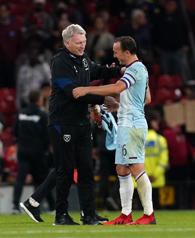 West Ham United manager David Moyes and Mark Noble celebrate the win at Old Trafford