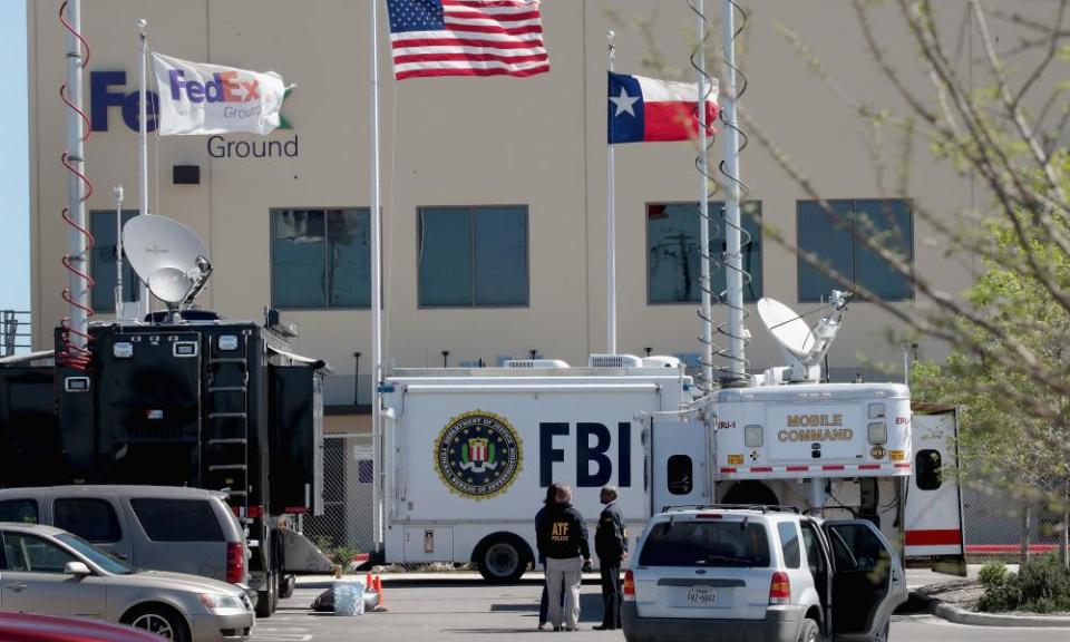 FBI, ATF and local police investigate an explosion at a FedEx facility on Tuesday in Schertz, Texas. 