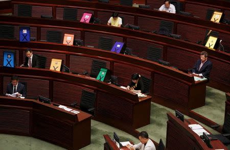Signs symbolizing veto to a Beijing-backed electoral reform are displayed by pro-democracy lawmakers during a Legislative Council meeting in Hong Kong, China June 17, 2015. REUTERS/Bobby Yip