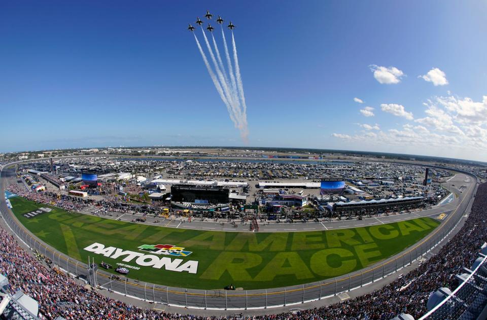 The Air Force Thunderbirds fly over the Daytona 500 at Daytona International Speedway, Sunday, Feb.20, 2022.