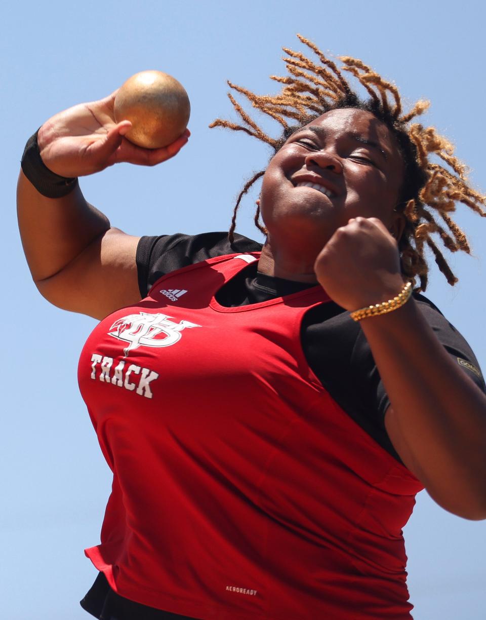 Vero Beach's Camryn Reid competes in the shot put event during the Region 3-4A high school track and field meet Wednesday, May 8, 2024, at Martin County High School.