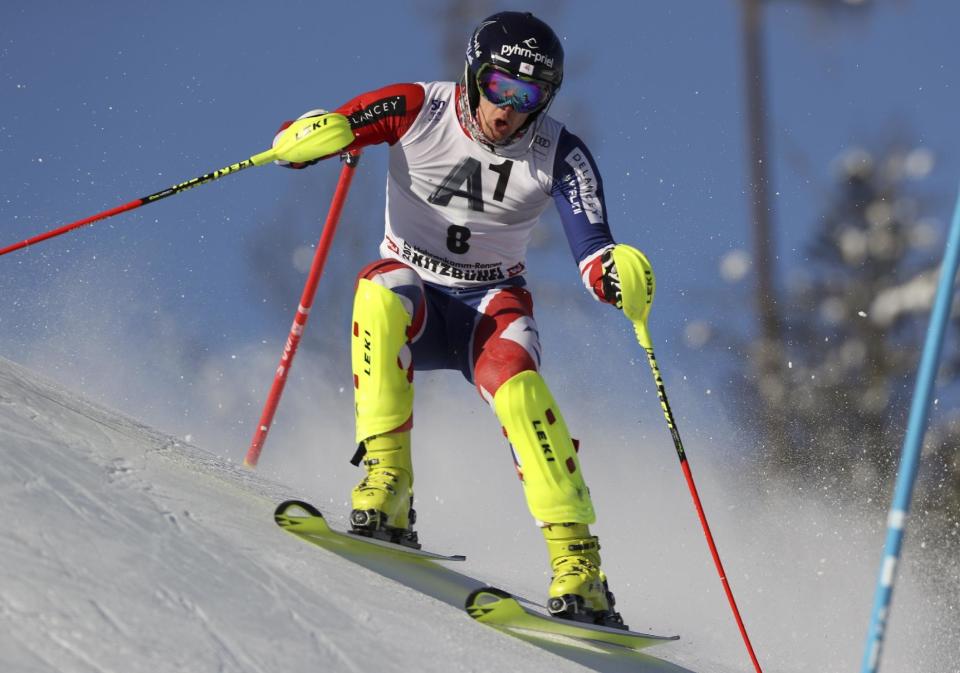 Britain's Dave Ryding speeds down the course during an alpine ski, men's World Cup slalom, in Kitzbuehel, Austria, Sunday, Jan. 22, 2017. (AP Photo/Shinichiro Tanaka)