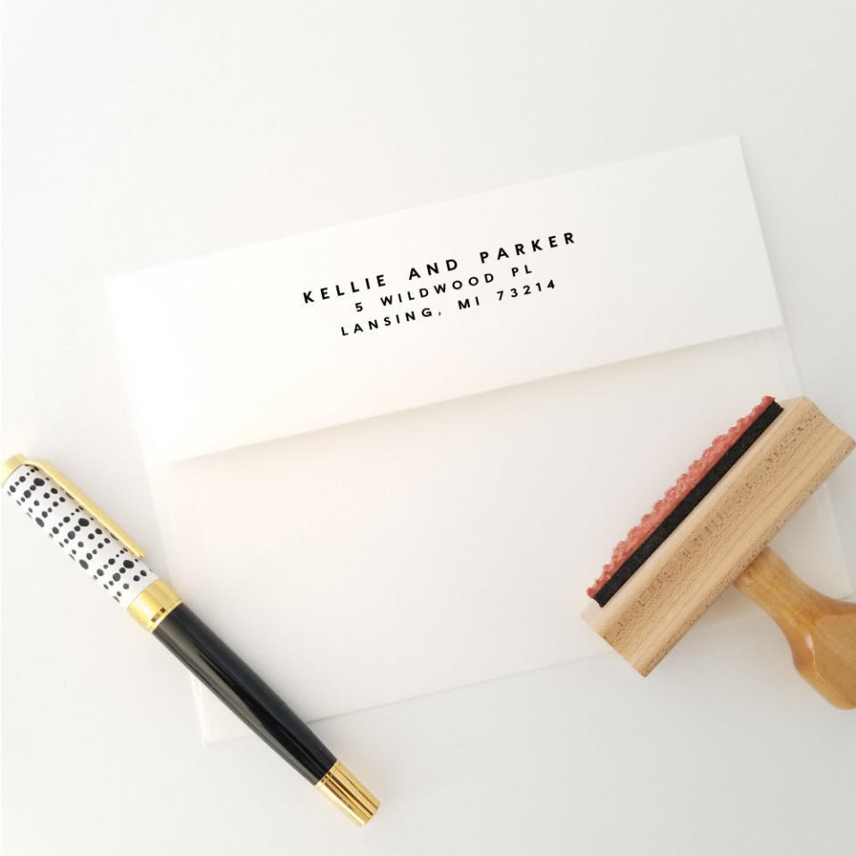 Your poor friends have hours of "thank you" notes to write and send off. A personalized address stamp will make that process a tad easier.&nbsp;<strong><a href="https://www.etsy.com/listing/539594566/housewarming-address-stamp-personalized?ga_order=highest_reviews&amp;ga_search_type=all&amp;ga_view_type=gallery&amp;ga_search_query=personalized+stamp&amp;ref=sc_gallery-1-11&amp;plkey=d057b64111f4d0a14e2185a1d5e6b1a3d8547c77%3A539594566&amp;frs=1&amp;bes=1" target="_blank" rel="noopener noreferrer">Get this personalized address stamp starting at $25﻿</a></strong>.