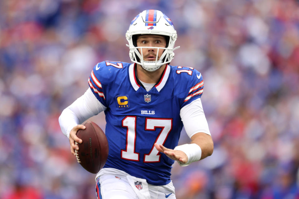 ORCHARD PARK, NEW YORK – SEPTEMBER 8: Josh Allen #17 of the Buffalo Bills battles for a touchdown in the fourth quarter against the Arizona Cardinals at Highmark Stadium on September 8, 2024 in Orchard Park, New York. (Photo by Bryan M. Bennett/Getty Images)