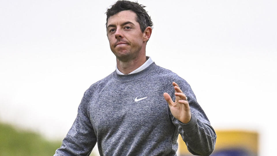 Rory McIlroy waves to fans as he walks to the 18th hole green at the British Open. (Photo by Keyur Khamar/PGA TOUR via Getty Images)