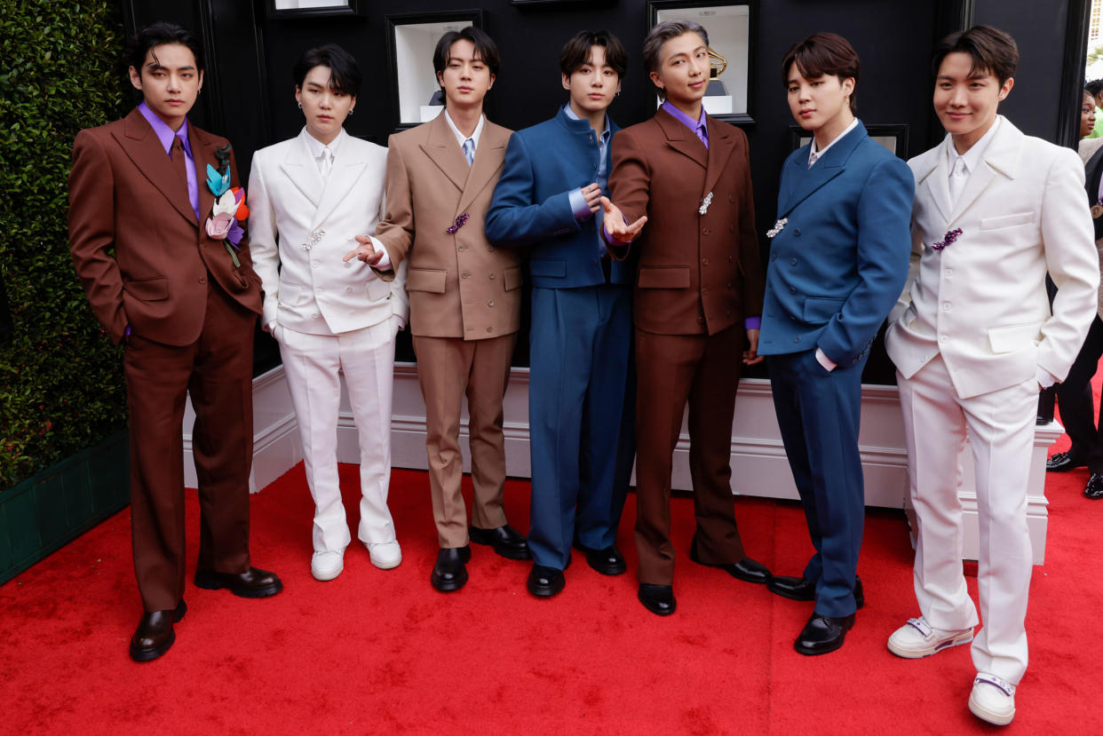 BTS arrives at the 64th annual Grammy Awards on April 3.