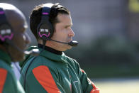 Miami head coach Manny Diaz watches the action during the first half of an NCAA college football game against Duke, Saturday, Nov. 27, 2021, in Durham, N.C. (AP Photo/Chris Seward)