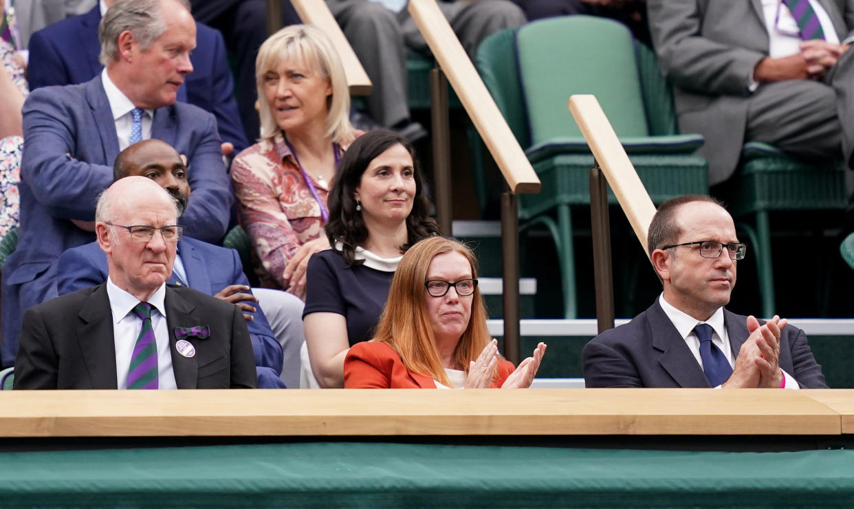 Dame Sarah Catherine Gilbert (centre) in the Royal Box at Centre Court on day one of Wimbledon at The All England Lawn Tennis and Croquet Club, Wimbledon. Picture date: Monday June 28, 2021.