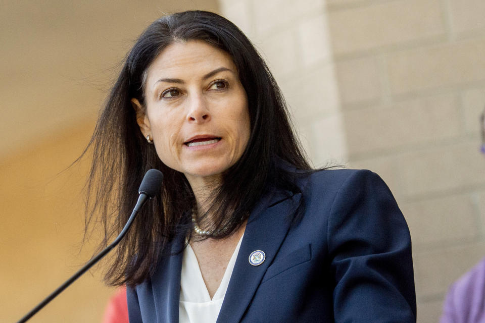 FILE - Michigan Attorney General Dana Nessel speaks during a news conference, Monday, Sept. 19, 2022, outside of the Genesee County Sheriff's Office in Flint, Mich. Nessel has charged 16 Republicans Tuesday, July 18, 2023, with multiple felonies after they are alleged to have submitted false certificates stating they were the state’s presidential electors despite Joe Biden’s 154,000-vote victory in 2020. The group includes Republican National Committeewoman Kathy Berden and Meshawn Maddock, former co-chair of the Michigan Republican Party. (Jake May/The Flint Journal via AP, File)