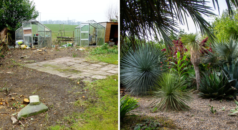 Before and after pictures of Kris Swaine's garden. (SWNS)