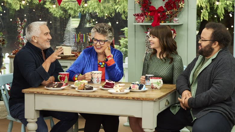 Zach Cherry, Casey Wilson, Prue Leith, and Paul Hollywood sitting together