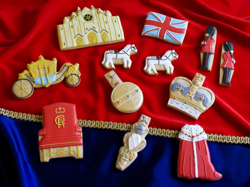 Coronation-themed iced cookies