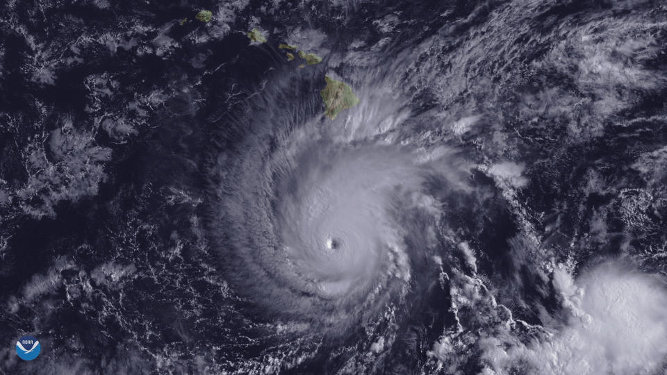 <p>Hurricane Lane, with a well-defined eye, is shown positioned about 300 miles south of Hawaii’s Big Island at 2 p.m. ET on Aug. 22, 2018. (Photo: NOAA/Goes-East Imagery/Handout via Reuters) </p>