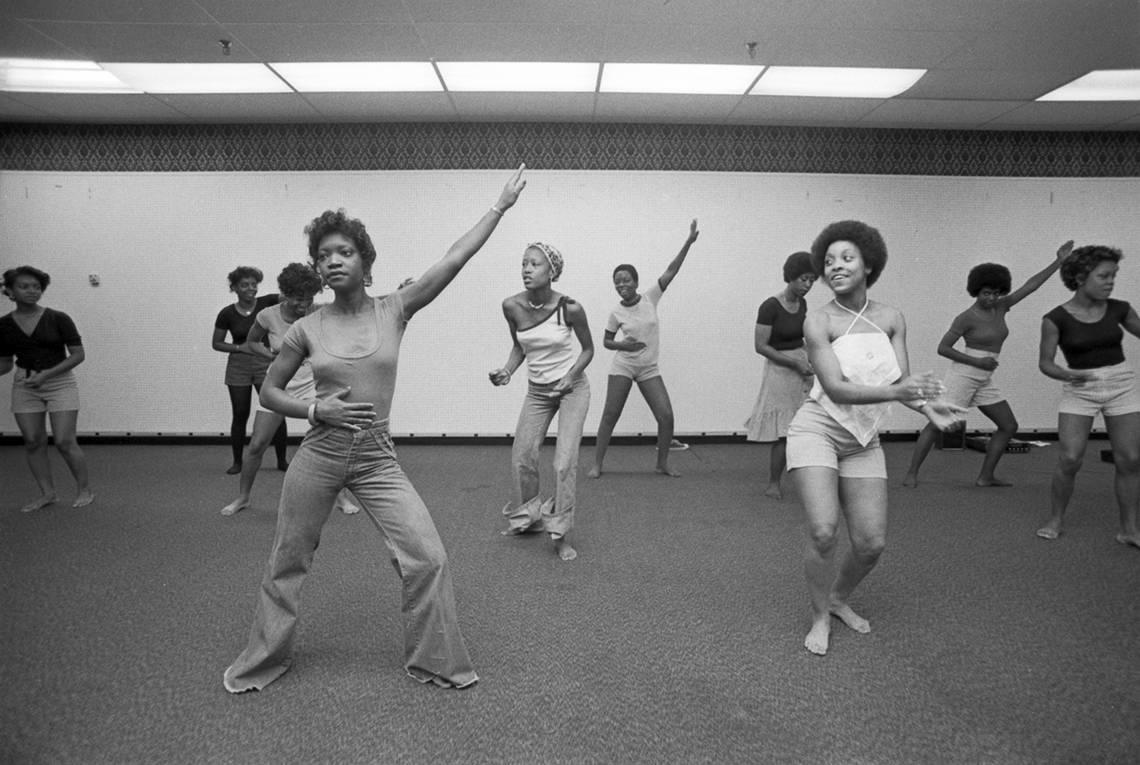 Davietta Thomas, front left, leads a group of dancers preparing for the Juneteenth celebration to be held at Sycamore Park in Fort Worth in 1977.