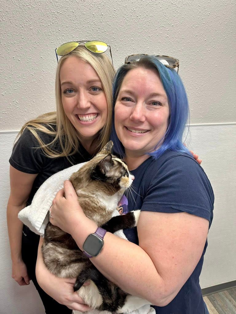 Clark (left) is pictured with Amazon warehouse worker Brandy, who discovered Galena inside the return box. Courtesy Brandy Hunter