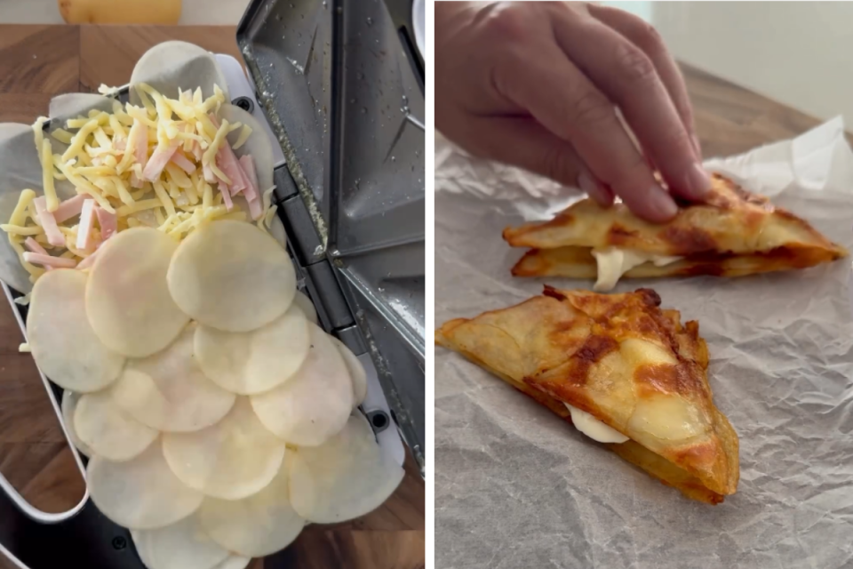 L: Kmart toast maker with layers of potato, cheese and ham. R: Press toast with potatoes instead of bread by hand.