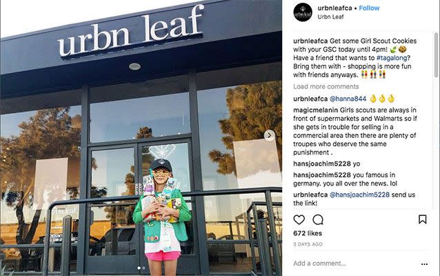 A girl scout is making a killing in cookie sales, setting up shop outside a weed dispensary. Source: Instagram/Urban Leaf California