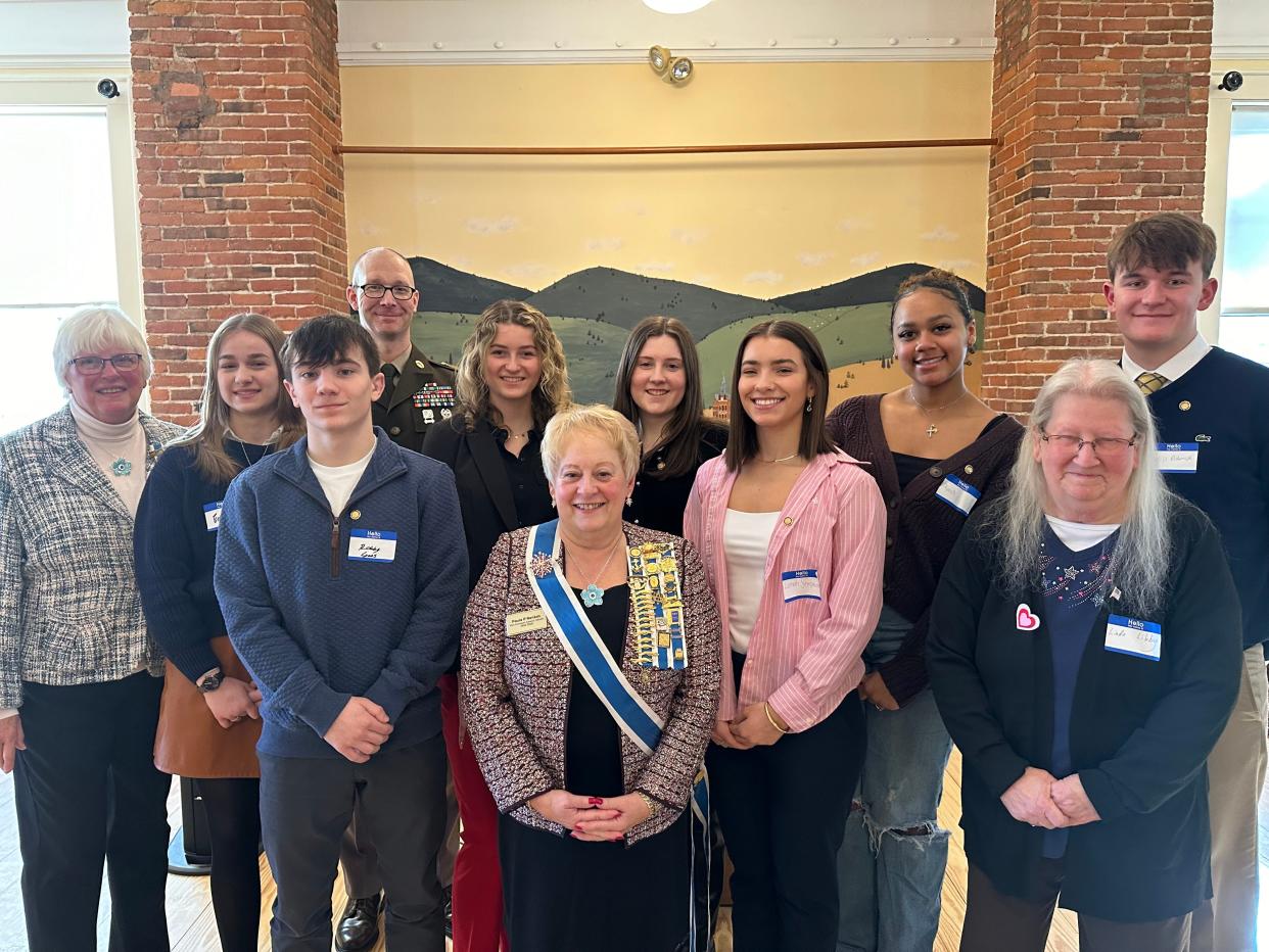 The Framingham chapter of the Daughters of the American Revolution recently honored seven local high school seniors as Good Citizens. Front row, from left, Robert Lyons Jr. (Milford High School); Paula Renkas, vice president at the DAR; Lunah Semprum (Framingham High School); and Linda Libby, chair of the DAR Good Citizen program. Second row, from left, Sheila Tiberio, regent of the Framingham chapter of the DAR; Emily Umholtz (Ashland High School); Reese Holmes (Holliston High School); Caroline Kane (Hopkinton High School); Alivia Toure (Bellingham High School); and William Adamski (Hopedale Junior-Senior High School). At rear is Master Sgt. Andrew Baumgartner.