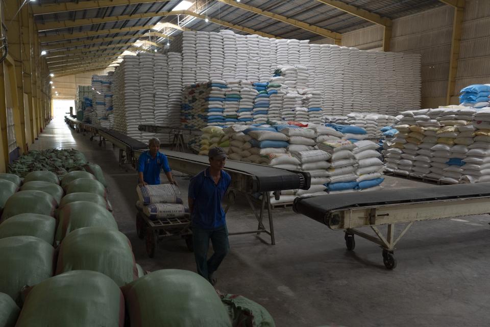 Two employees work in a warehouse packed with bags of rice packaged for shipment at Hoang Minh Nhat, a rice export company in Can Tho, Vietnam, Friday, Jan. 26, 2024. The Mekong Delta, where 90% of Vietnam's exported rice is farmed, is one of the world's regions most vulnerable to climate change. (AP Photo/Jae C. Hong)