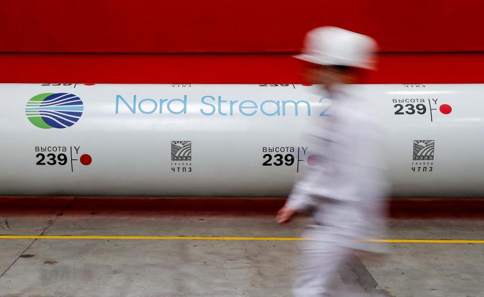 The logo of the Nord Stream 2 gas pipeline project is seen on a pipe at the Chelyabinsk pipe rolling plant in Chelyabinsk, Russia (REUTERS)