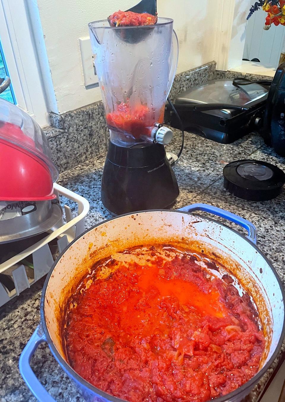 Blending the sauce for Ina Garten's Penne Alla Vodka