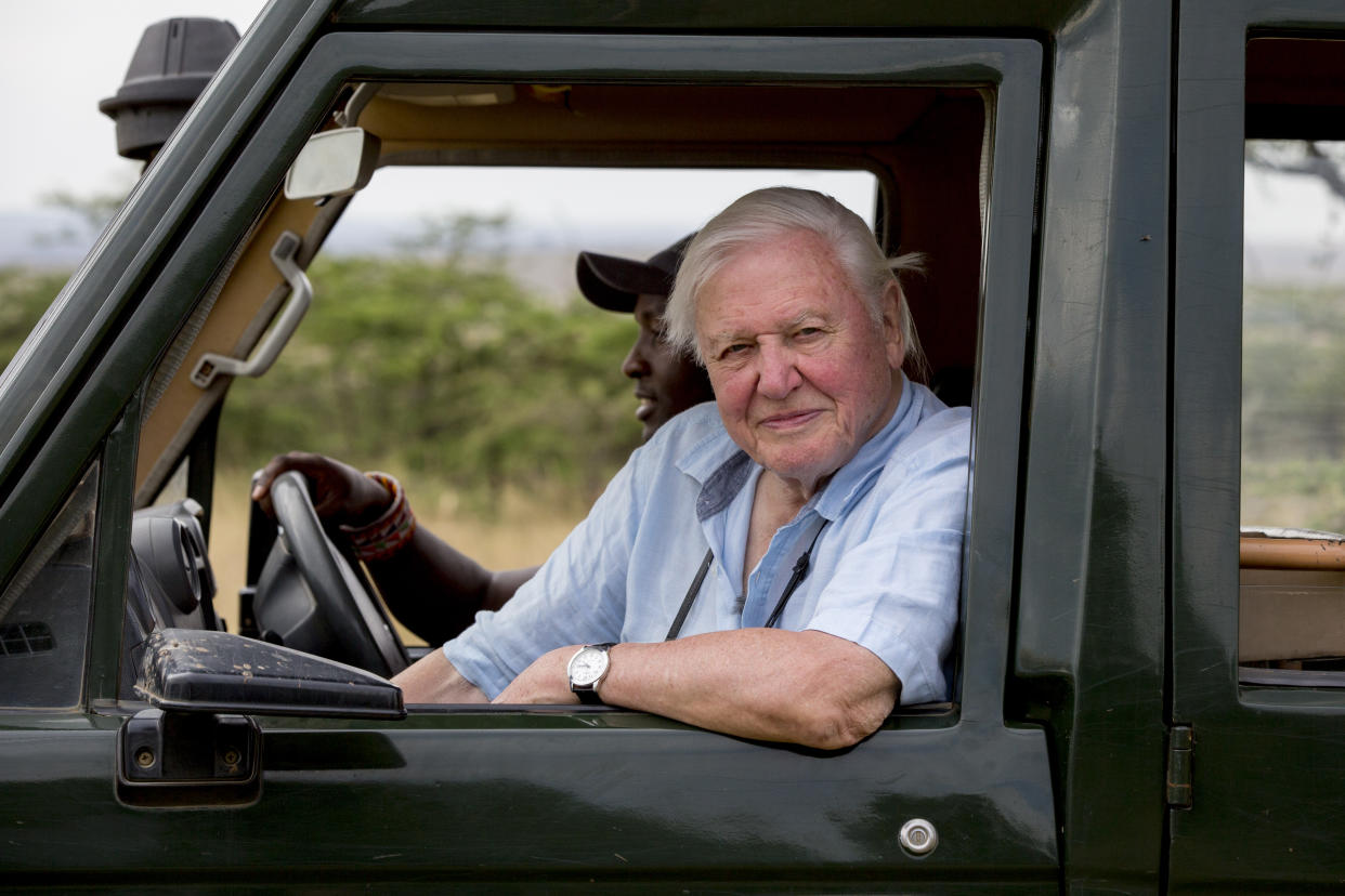 Sir David Attenborough pictured in the Maasai Mara in Kenya while filming the  documentary (Keith Scholey / Silverback Films)