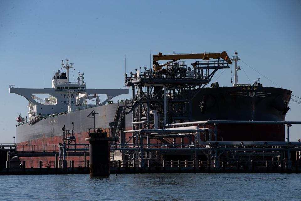 The Nissos Kythnos, a crude oil tanker, is docked at Flint Hills Resources in the ship channel on Oct. 19, 2022, in San Patricio County, Texas.