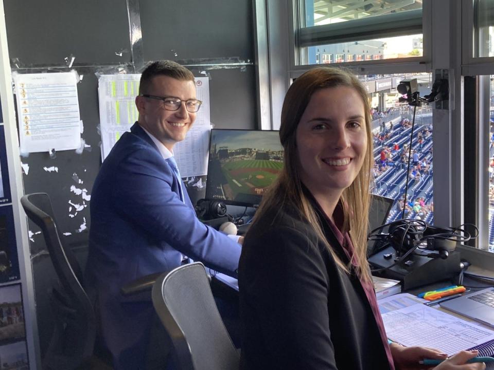 Emma Tiedemann, right, is all set for her broadcast Saturday night at Polar Park alongside Jim Cain.