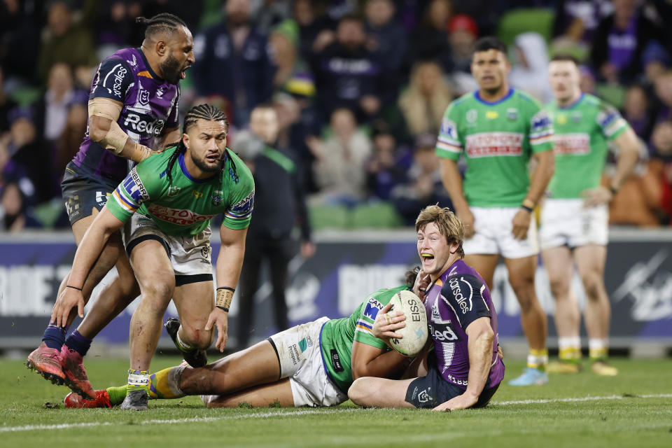 Raiders players, pictured here protesting with the referee after Harry Grant's try.