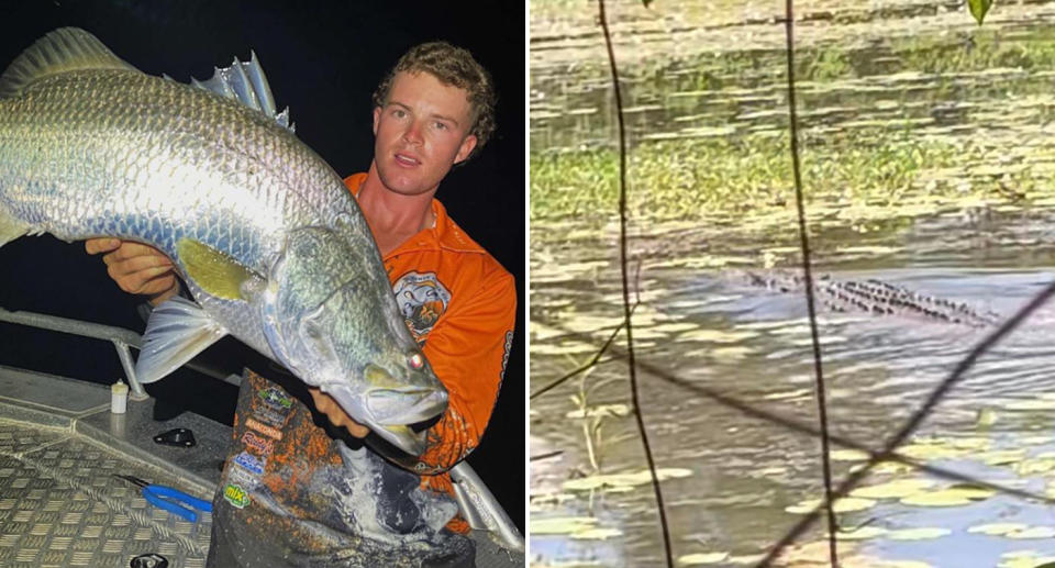 Left, Rory McCormack holds a large fish. Right, the crocodile in the billabong. 