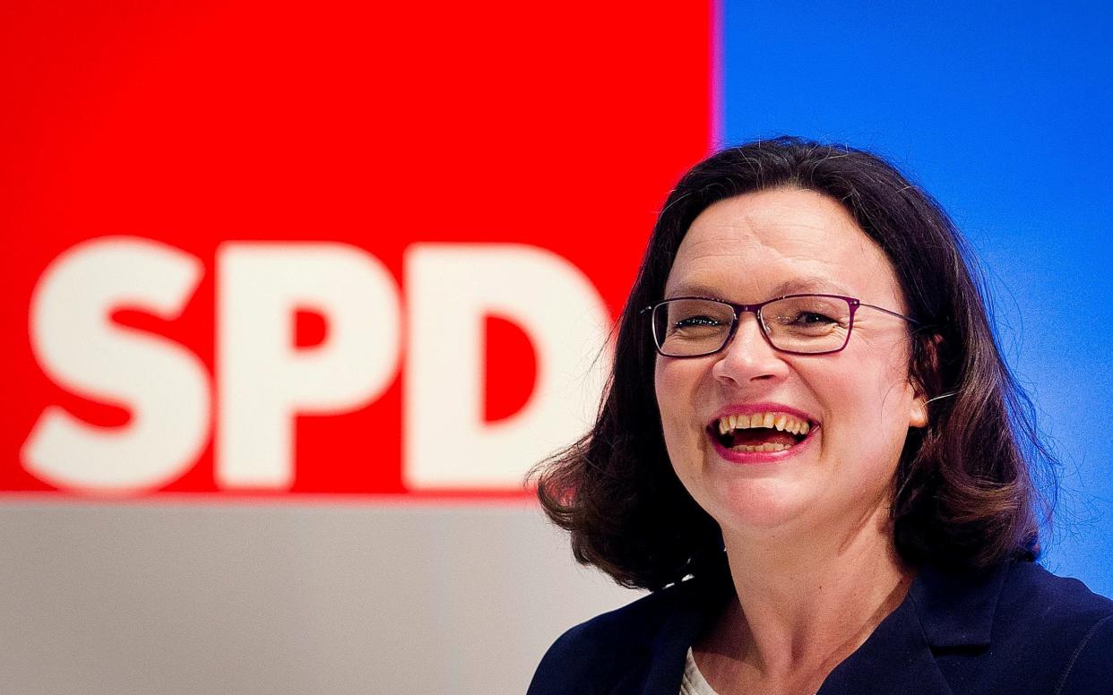 Andrea Nahles was elected SPD leader on Sunday - AP