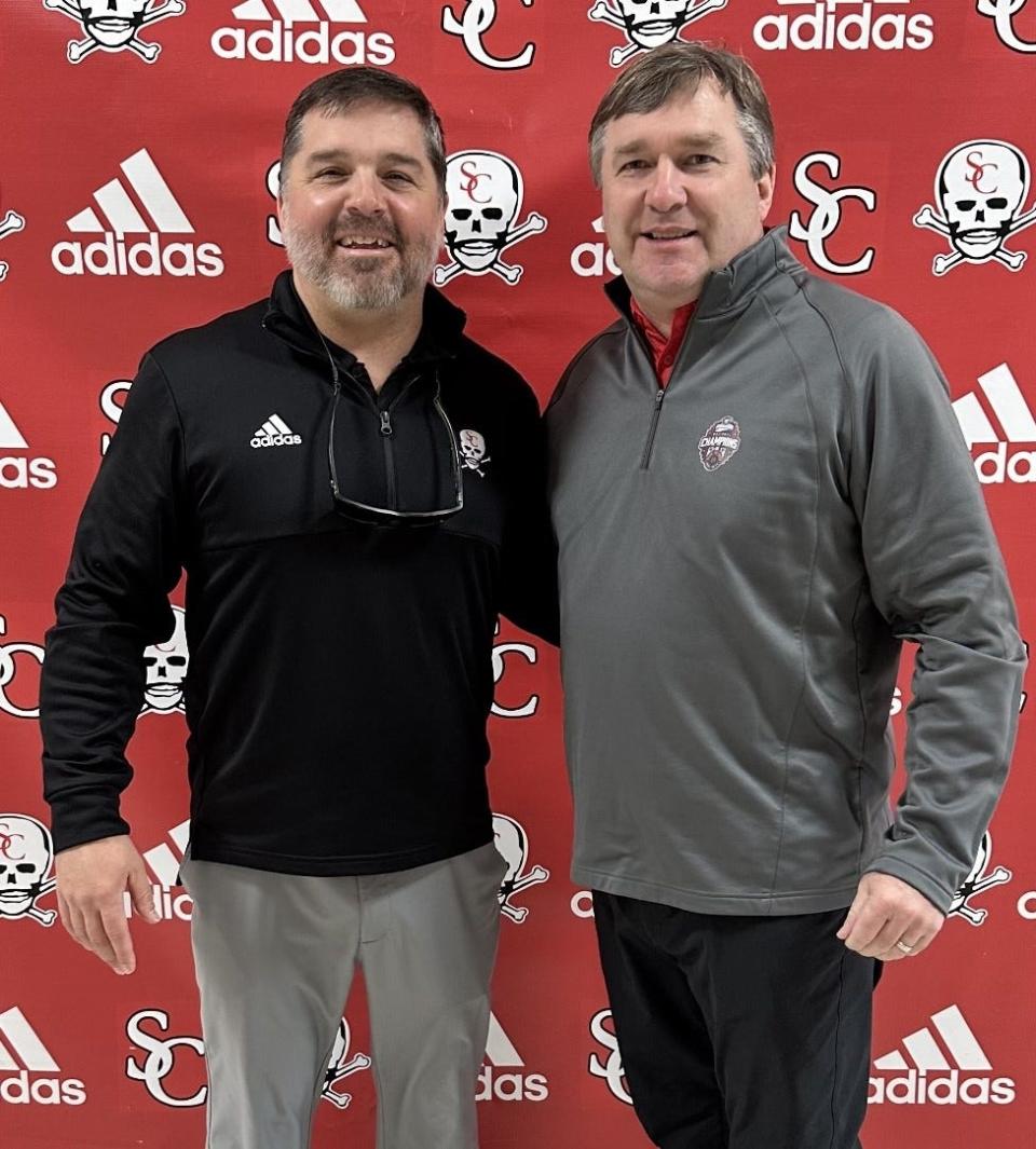 Georgia football coach Kirby Smart with Savannah Christian coach Baker Woodward on the SCPS campus on Jan. 17, 2024.