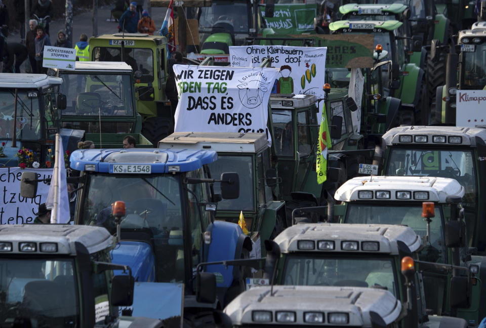 Demonstrators protest with tractors for more animal welfare and protection in the agriculture on occasion of the "Green Week" fair in front of the Brandenburg Gate in Berlin, Germany, Saturday, Jan. 19, 2019. ( Ralf Hirschberger/dpa via AP)