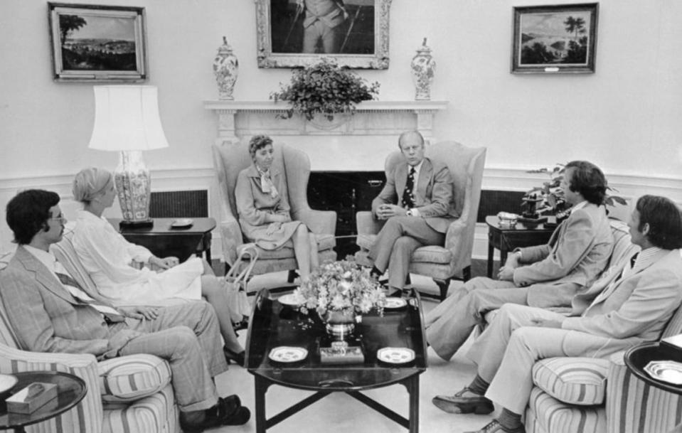 <div class="inline-image__title">515292630</div> <div class="inline-image__caption"><p>"(Original Caption) President Ford met privately with the family of Dr. Frank Olson and apologized on behalf of the U.S. Government for the scientist's suicide after he was secretly given LSD by the CIA. Pictured in the Oval Office are left to right: Nils Olson, Lisa Olson Hayward, Mrs. Frank Olson, The President, Eric Olson, and Gregory Hayward, (Mrs. Olson's son-in-law)."</p></div> <div class="inline-image__credit">Bettmann/Getty</div>