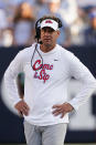 Mississippi head coach Lane Kiffin paces the sideline in the second half of an NCAA college football game against Georgia Tech, Saturday, Sept. 17, 2022, in Atlanta. (AP Photo/John Bazemore)