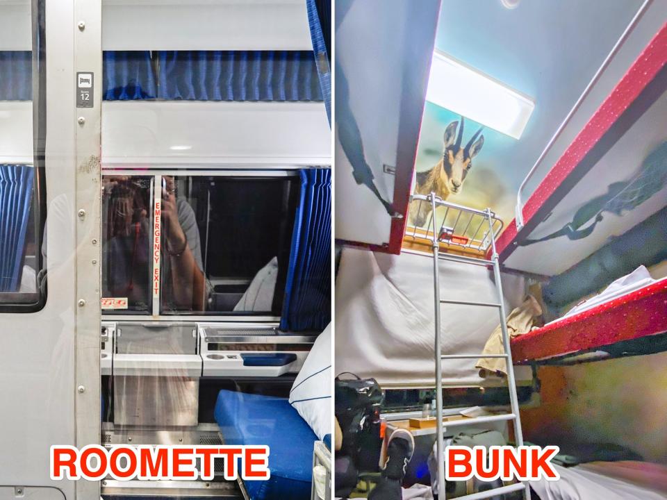 Side-by-side of inside Amtrak roomette (R) and inside Nightjet bunk (R), Joey Hadden, "Amtrak roomette and Nightjet shared bunk compared: photos"