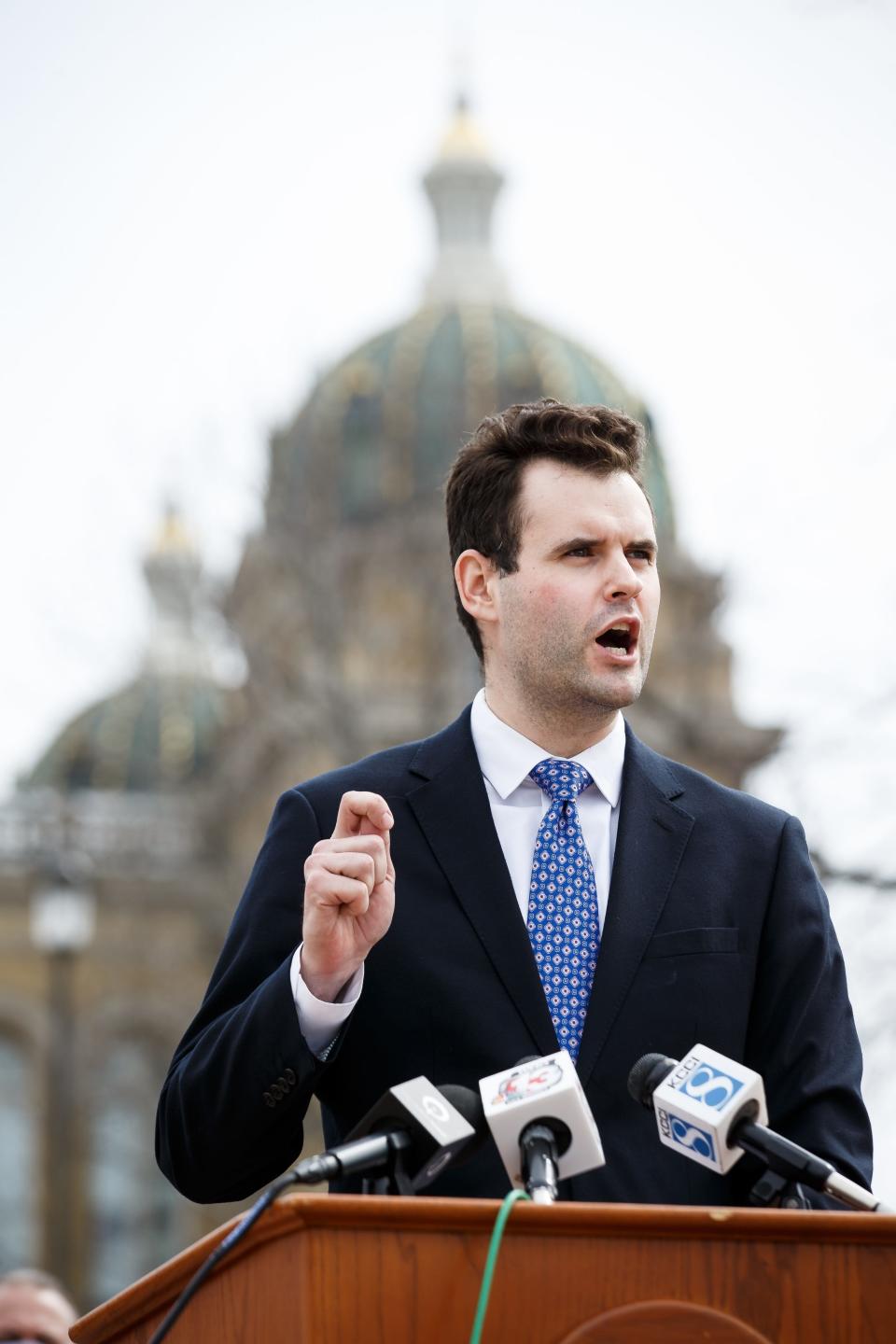 State Sen. Zach Wahls speaks during a news conference on Tuesday, April 6, 2021, at the Iowa Capitol in Des Moines.