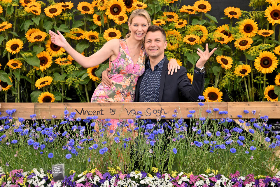 SOUTHPORT, ENGLAND - AUGUST 18: Rachel Riley and Pasha Kovalev in a Silver-Gilt Medal winning display by Poplar Farm Flowers on August 18, 2023 in Southport, England. (Photo by Anthony Devlin/Getty Images)