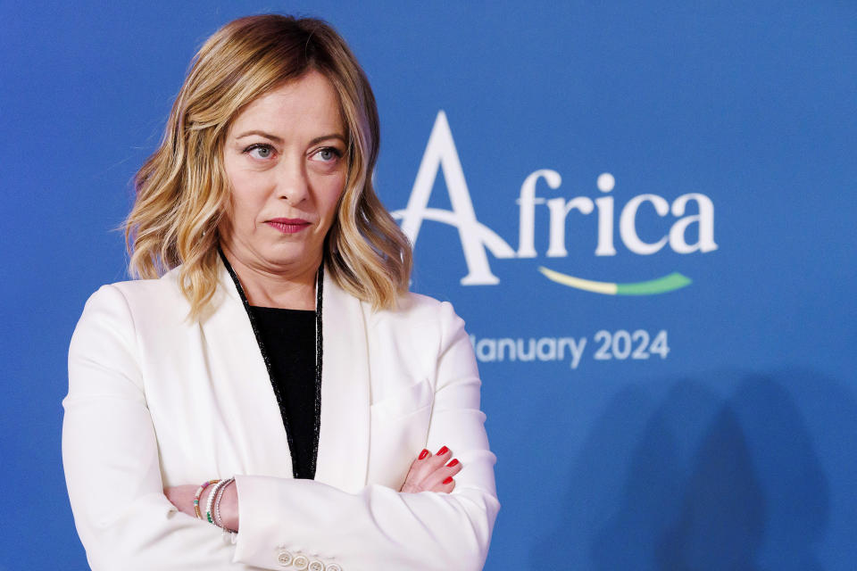 Italian Premier Giorgia Meloni looks on at the Senate at the start of an Italy - Africa summit, in Rome, Monday, Jan. 29, 2024. Meloni opened a summit of African leaders on Monday aimed at illustrating Italy's big development plan for the continent that her government hopes will stem migration flows and forge a new relationship between Europe and Africa. (Roberto Monaldo/LaPresse via AP)