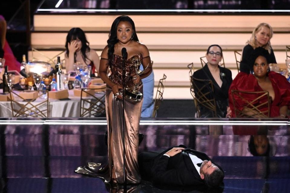 Quinta's category was presented by Will Arnett and Jimmy Kimmel, who did this bit where Jimmy laid flat on the ground because he had too many 