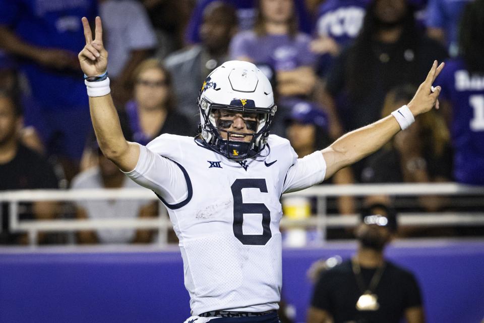 West Virginia quarterback Garrett Greene gestures to the TCU crowd Saturday, Sept. 30, 2023, in Fort Worth, Texas. The upstart Mountaineers have served notice in the Big 12 after a 4-1 start. | Chris Torres, Star-Telegram via Associated Press