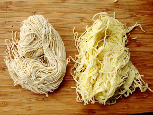 <p>Serious Eats / J. Kenji López-Alt</p> Thin straight noodles and thicker wavy noodles