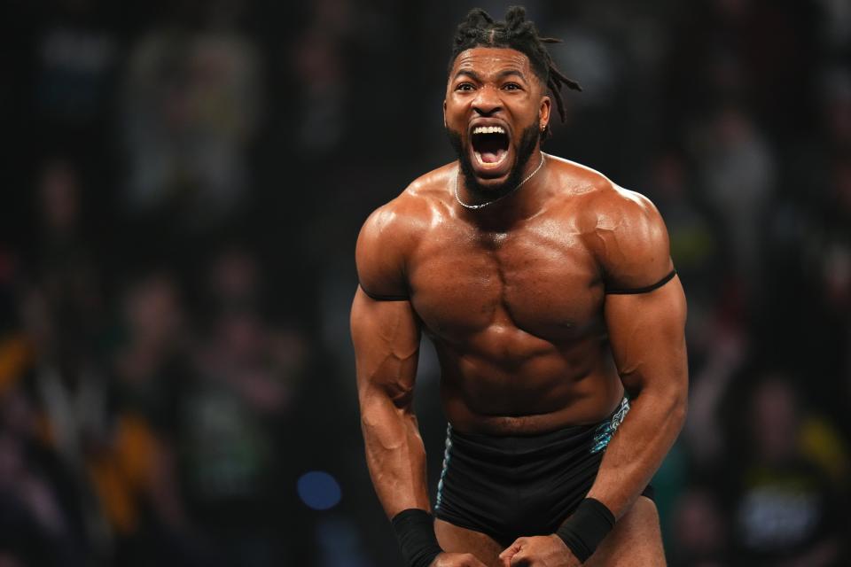 Trick Williams celebrates his win over Carmelo Hayes at NXT Stand and Deliver at Wells Fargo Arena in Philadelphia, PA.