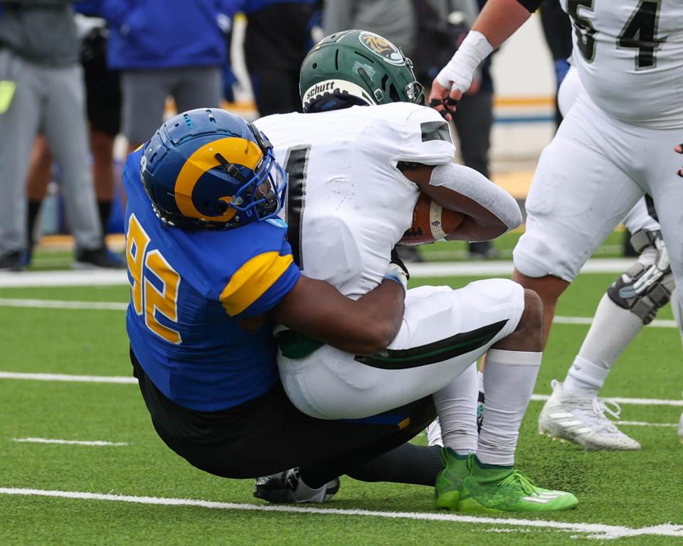 Angelo STate's Amieh Williams pulls down a Bemidji State runner during an NCAA Division II playoff game at LeGrand Stadium on Saturday, Nov. 26, 2022 in San Angelo, Texas.