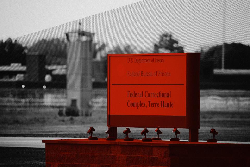 View of a sign outside the Terre Haute Federal Correctional Complex where death row inmates await execution. (Photo: Illustration: Damon Dahlen/HuffPost; Photos: Getty)