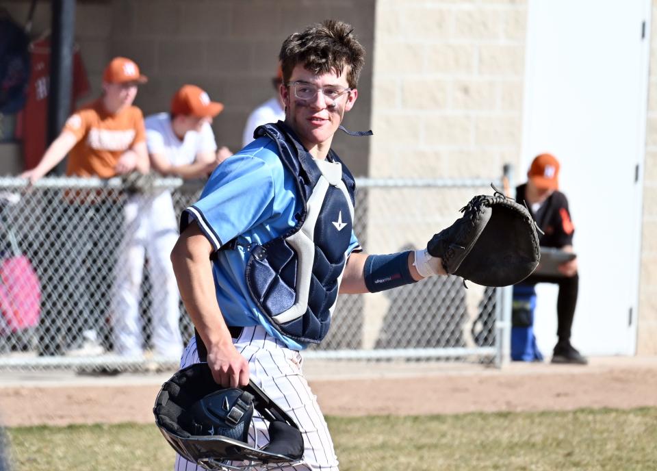 Petoskey's Tyler Goeldel put on the catching equipment for a game for the first time since Little League Monday, one of the many positions the Northmen senior will take to in 2024.