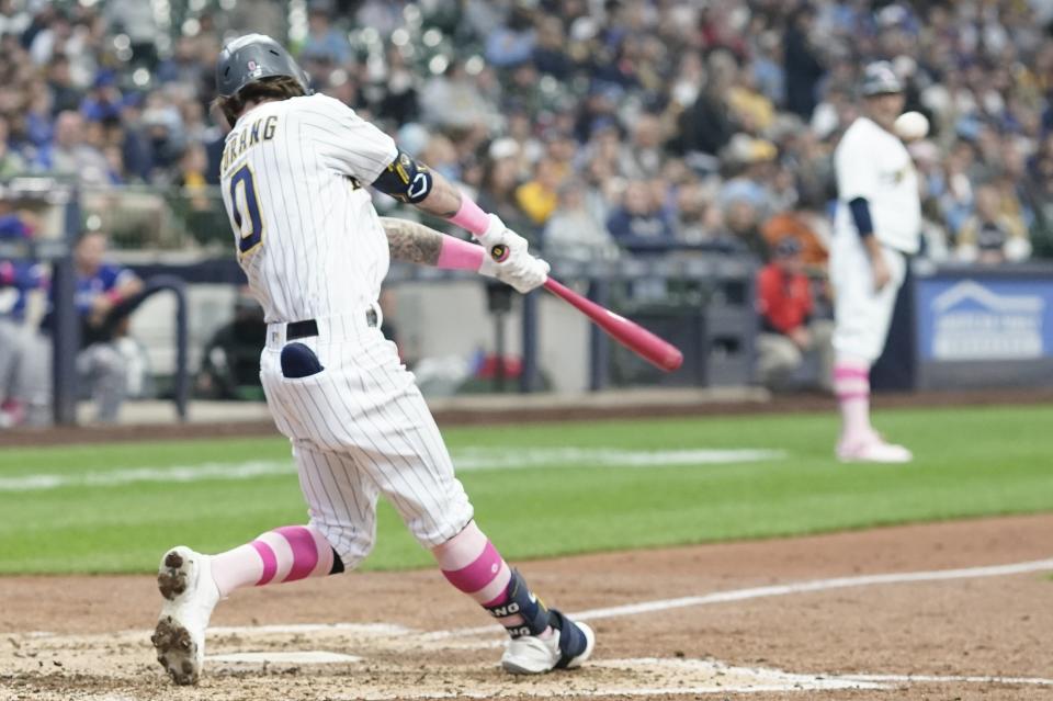 Milwaukee Brewers' Brice Turang hits a three-run home run during the third inning of a baseball game against the Kansas City Royals Sunday, May 14, 2023, in Milwaukee. (AP Photo/Morry Gash)